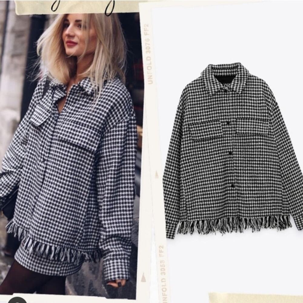 Zara Houndstooth Fringed Overshirt Barn Jacket Oversized Tweed Shacket 4391/737 - Picture 2 of 15